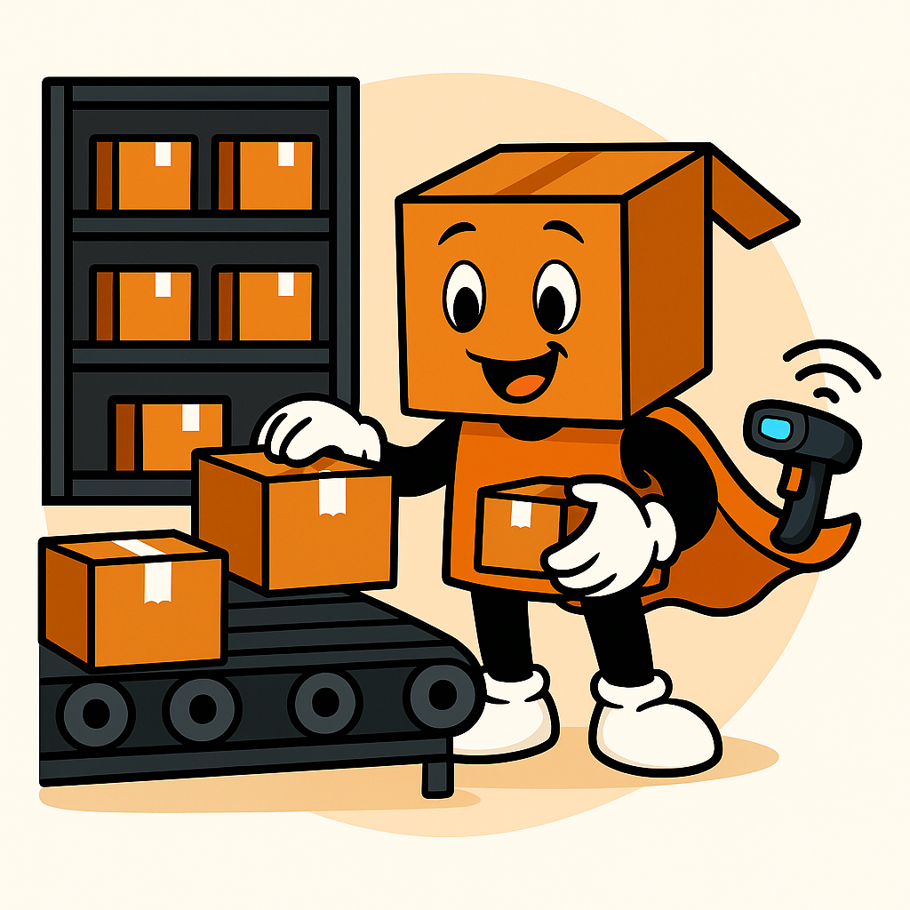 Boxy the mascot scanning boxes in our returns management operation ready for you to Contact the we handle returns team.