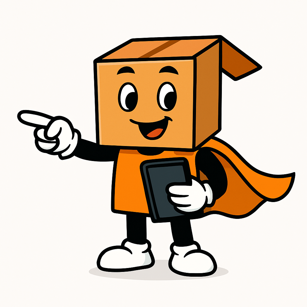 Boxy a happy character that helps with returns management and returns logistics.