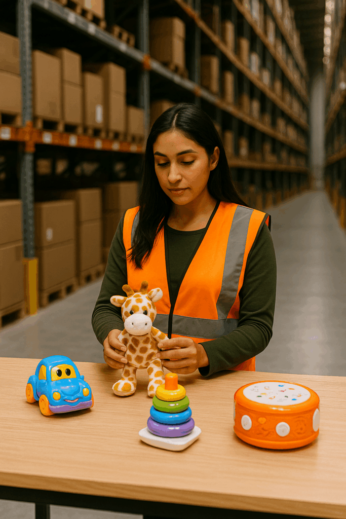 Warehouse worker inspecting children's toys for returns management