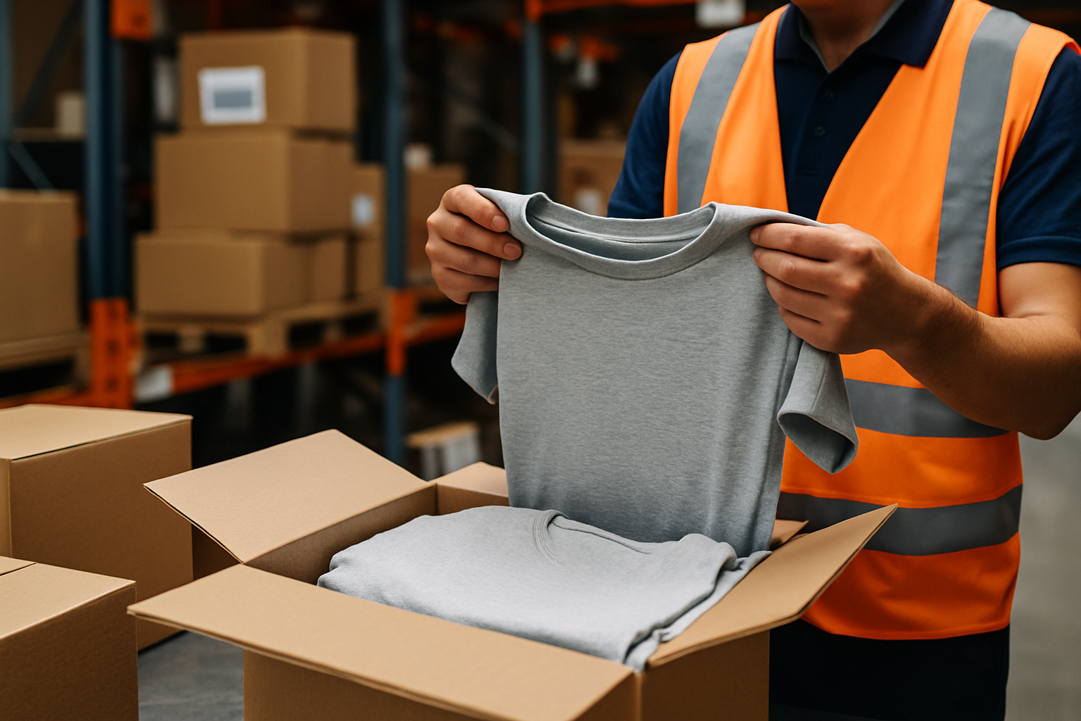 Person is inspecting a t-shirt as a part of our returns management process.
