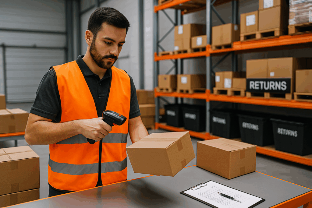 Man scanning box as a part of returns management receiving process.
