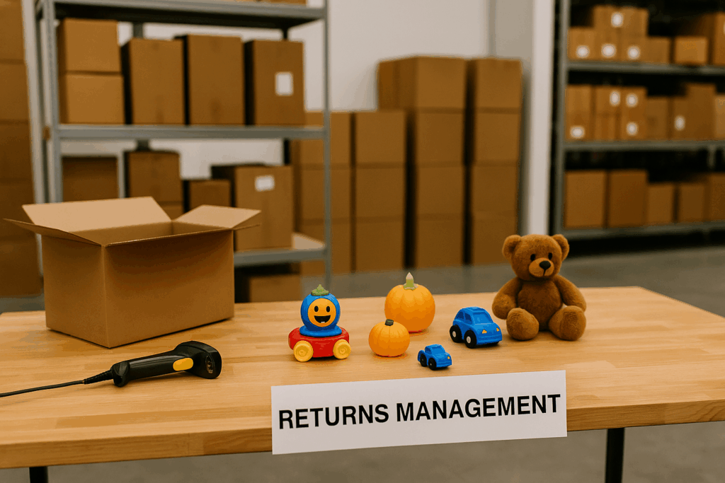 Returns management table setup with children's toys ready for inspection and processing